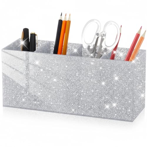 Jetec Acrylic Glitter Silver Pen Holder 4 Compartments Bling Makeup Brush Stationery Organizer Pencil Holder for Desk Accessories Sparkly Gifts for Women Back to School Birthday Desktop Office - color: Glitter Silver