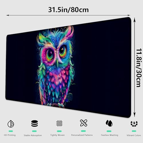 Cute Owl Gaming Mouse Pad, Large Office Desktop Mousepad for Computer Laptop, Extended Work Desk Mat with Anti-Slip Base, Decorative Desk Pad 31.5×11.8 in (Vibrant Neon Owl)