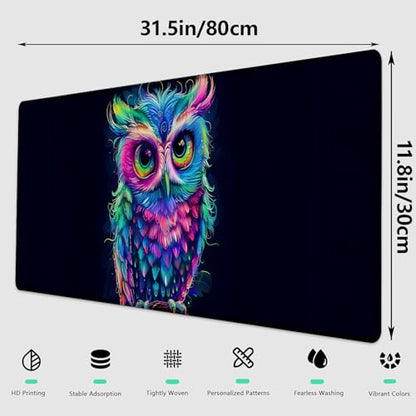 Cute Owl Gaming Mouse Pad, Large Office Desktop Mousepad for Computer Laptop, Extended Work Desk Mat with Anti-Slip Base, Decorative Desk Pad 31.5×11.8 in (Vibrant Neon Owl)