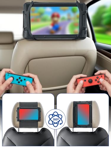 Car Headrest Mount Holder for Nintendo Switch 2& 1, Rotatable Silicone Net Holder Compatible with Mini Tablets(7''–10.5''), Secure Travel Gaming Stand for Car or Airplane Use