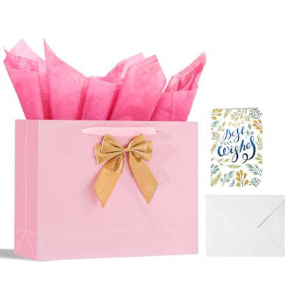 Powbrace Pink Bags with Handles, 13" Medium Gift Bag Set - 1 Gift Bag with Bow, 2 Tissues & Greeting Card for Wedding Baby Shower Fathers Day Mothers Day Birthday Party - color: 1Pcs Bright Pink Glossy – General Purpose, size: 1 count (Pack of 1)
