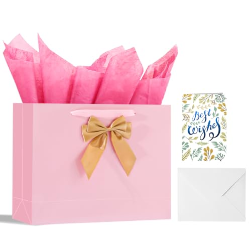 Powbrace Pink Bags with Handles, 13" Medium Gift Bag Set - 1 Gift Bag with Bow, 2 Tissues & Greeting Card for Wedding Baby Shower Fathers Day Mothers Day Birthday Party - color: 1Pcs Bright Pink Glossy – General Purpose, size: 1 count (Pack of 1)