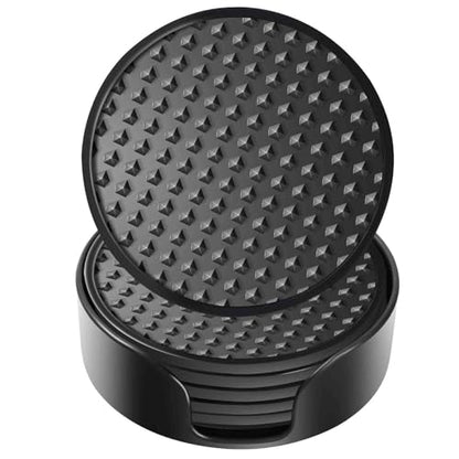 Silicone Coasters 6 Pack with Holder, Drink Coasters Set for Hot & Cold at Bar, Desk, Tabletop-Protection, Round Cup Mat Non-Slip for Any Cups, Thickened Non-Stick Deep Tray Coffee Table Decor,Black