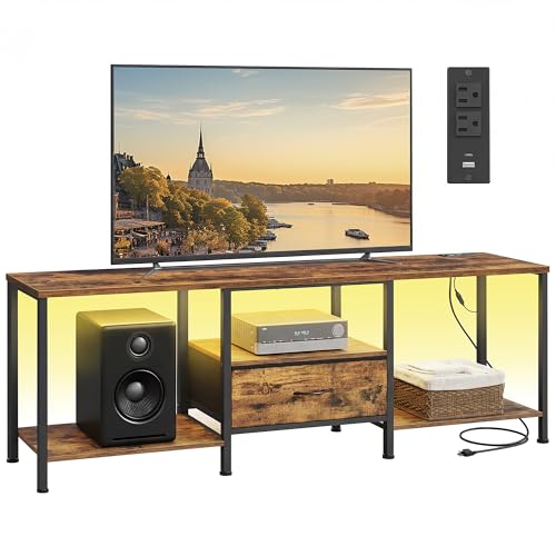 SONGMICS BELLAH Collection - TV Stand for TVs Up to 80 Inches, Media Console Table and Entertainment Center Unit for Living Room, with Shelves and Drawer, Steel, Industrial, Rustic Brown ULGS231K101S - color: Rustic Brown, size: 13.8"D x 70.5"W x 23.6"H