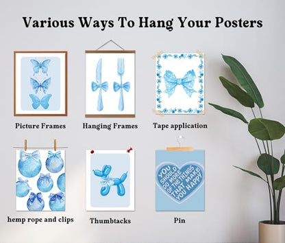 Isfvqyub Preppy Blue And White Butterfly Wall Art, Aesthetic Balloon Dog Poster For Girl Boy, Trendy Coquette Bow Wall Decor For Bedroom Dorm College Apartment Office, Set Of 6 -A07 - size: Blue And White Butterfly