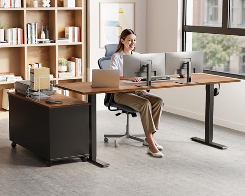 OffiGo 55 Inch L Shaped Electric Standing Desk with Drawers & File Cabinet Sets, Executive Sit Stand Desk, Height Adjustable Computer Desk for Home Office, Writing, Workstation, Walnut+Black - color: Walnut+black, size: 55 Inch