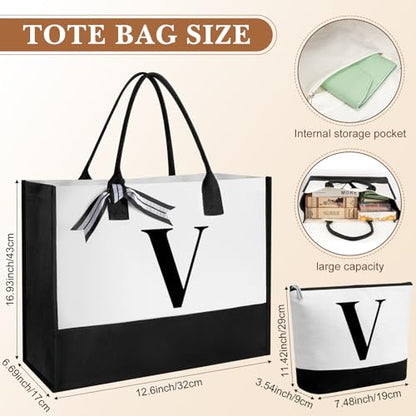 Aliceset Initial Gifts for Women Monogram Canvas Tote Bag and Makeup with Zipper and Initial Glass Coffee Cup Gifts for Her - style: Letter V