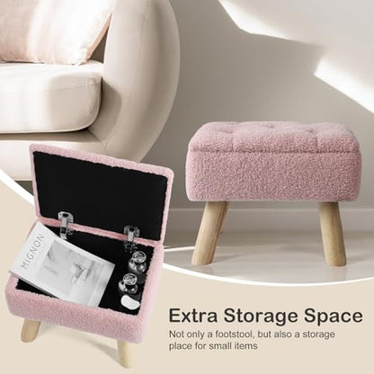 OGEMXU Storage Ottoman, Small Foot Stool Ottoman with Storage, Boucle Teddy Velvet Foot Rest with Padded Seat, Sturdy Wood Legs Stool for Living Room, Bedroom, Couch, Enterway (Pink) - color: Pink