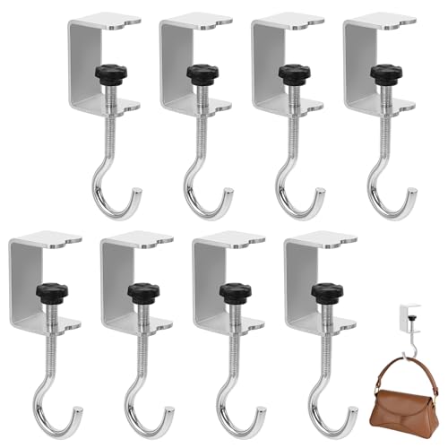 cobee Clamp-On Under Desk Hooks, Desk Mount Hanging Bag Holder Metal Hook Adjustable Headphones Clamp Organizer Portable Purse Hanger Clip Reduce Desk Clutter Table Desk Under Counter (8 Pcs, Silver) - color: 8 Pcs, Silver