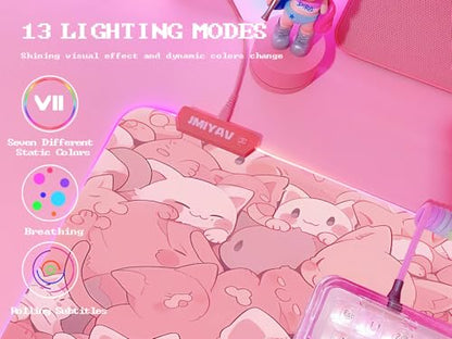 JMIYAV Pink RGB Gaming Mouse Pad 31.5x12 Inch PC XL Large Extended Glowing Led Light Up Desk Pad Non-Slip Rubber Base Computer Cute Mousepad Mat Desk Accessories Gaming Setup Dreamy Cats - color: Dreamy Cats