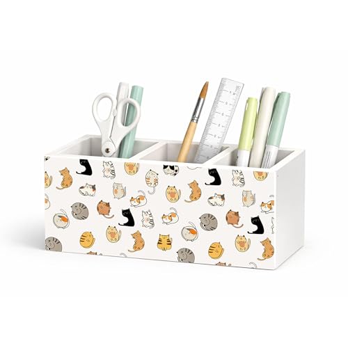 Cartoon Cat Pattern Wooden Desk Organizer | Cute Cat Pen Pencil Holder, 3-Compartment Decorative Office Supply Storage Box for Desk, Home Office, Cat Lover Decor - color: Cat Paw Rock Paper Scissors