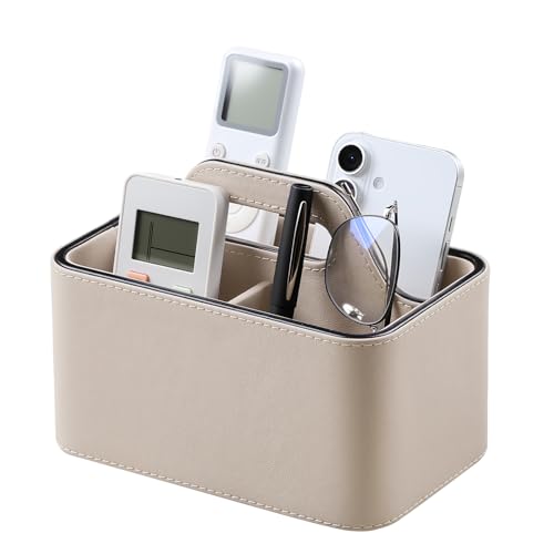 Caddy Organizer with Handle, PU Leather Remote Control Holder Desk Caddy, Portable Makeup Remote Organizer for Table, Nightstand, Office (Beige) - color: Beige