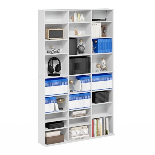 Furinno Jaya DVD Shelf, 24-Shelf Wide CD Rack, Media Shelf with Adjustable Shelves, 8 x 3 DVD Storage Cabinets for CD Blueray Game Disc, Easy Assembly, for Living Room, Home Office, White - color: White, size: 24-Shelf