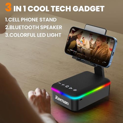JTEMAN Gifts for Men Women,Cell Phone Stand with Bluetooth Speaker,LED Light,and Lanyard,Cool Tech Gadgets,Unique Birthday Gifts for Men Husband Mom Dad - color: Black