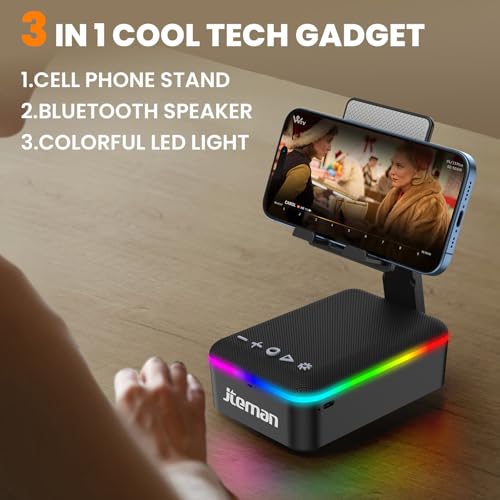 JTEMAN Gifts for Men Women,Cell Phone Stand with Bluetooth Speaker,LED Light,and Lanyard,Cool Tech Gadgets,Unique Birthday Gifts for Men Husband Mom Dad - color: Black