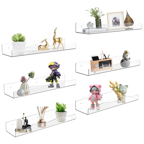 Wall Mount Acrylic Shelf 15 Inch Floating Shelf for Wall Decor Plants Books Records Heavy Duty Clear Display Shelf Bathroom Bedroom Living Room Storage Organization (6, Clear) - color: Clear