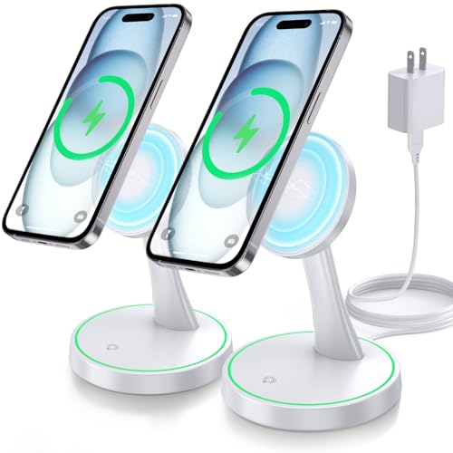 2 Pack Magnetic Wireless Charger Stand 15W Fast Mag-Safe Charger for iPhone iPhone 17 /17 pro/ 17 Air/ 17 pro max 16/15/14/13/12 Series Magnet Wireless Charging Station with Light for AirPods - color: Magnetic Two Pack White