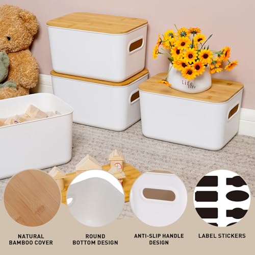 Citylife Storage Bins with Bamboo Lids 7QT Plastic Storage Containers Stackable Organizer Boxes with Handle for Desk Snacks, Toys, 2 PCS, 10" L x 7" W x 5.8" H - size: Small, style: 2 Pack