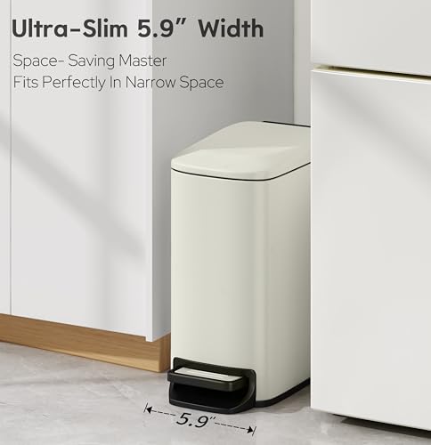 TIPGO Slim Bathroom Trash Can with Lid Soft Close, 6 Liter / 1.6 Gallon Stainless Steel Garbage with Removable Inner Bucket, Small Trash Bins for Bedroom, Office (Cream) - color: Cream