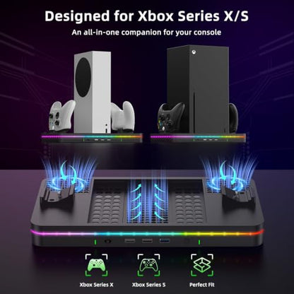 Charging Stand with Cooling Fan, CODOGOY Vertical Stand Compatible with Xbox Series X/S Console and Controller, Vertical Dual Controller Charger Station Dock Accessories with 3 USB Ports,Black - color: Black