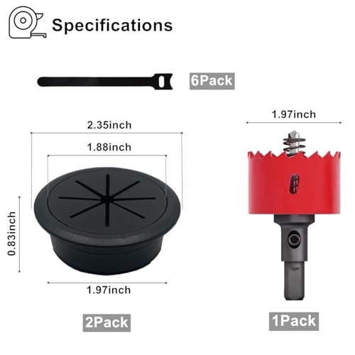 2 Pack Desk Grommet 2 Inch (50 mm), Desk Hole Cover for Cables, Black Desk Cord Hole Cover for Office Home Table, Cable Grommet with 1 Hole Saw Drill Attachment & 6 Cable Ties - color: Black