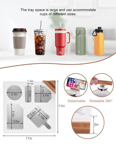 Couch Cup Holder Tray, Silicone Acacia Wooden Couch Caddy with Cup Holder for Snacks, Drinks, Remotes, Waterproof Cup Holder for Couch, Organizer, Couch Drink Holder, Pillow - color: A-white