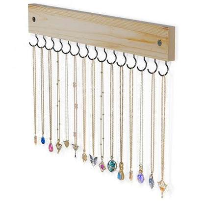 Lolalet Wooden Necklace Holder for Wall with 15 Hooks, Necklaces Hanger Easy Install Wall Mount Necklace Organizer, Jewelry Hangers for Chains, Bracelets, Earrings -Nature - color: Nature