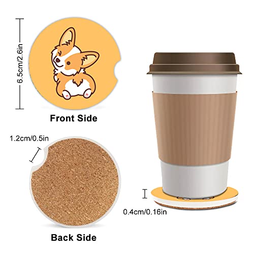 Car Coaster for Cup Holders, 2 Pack Absorbent Ceramic Car Cup Holder Coaster for Drinks, Cute Car Assecories for Women&Men, 2.56" Universal Size with Finger Notch & Cork Base - color: Cute Corgi
