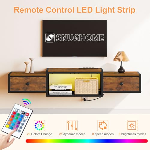 Snughome Floating TV Stand with Power Outlet 55", Wall Mounted Entertainment Center with LED Lights, Floating TV Shelf with Drawer, Wall Mounted Media Console Shelf for Living Room, Bedroom - color: Rustic Brown, size: 55.12" x 11.02" x 6.5"