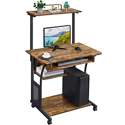Yaheetech 3 Tiers Rolling Computer Desk with Keyboard Tray and Printer Shelf for Home Office, Mobile Computer Desk for Small Space, Retro Computer Table Compact PC Laptop Workstation, Rustic Brown - color: Rustic Brown