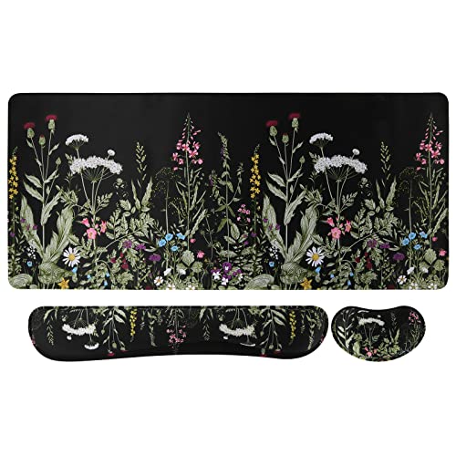 iCasso Large Mouse pad for Desk, Computer Desk Mat, 3Pcs XXL Keyboard and Mouse Pad + Keyboard Wrist Rest, Desk Matt for Desktop, Easy Typing Pain Relief Ultra Thick Mousepad Keyboard Mat(Weeds) - color: 1-weeds