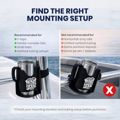 HoldFastPro Boat Cup Holder, Adjustable Universal Boat Cup Caddy for Rails & Grab Bars, Marine Drink Holder for Center Console, & T-Top Mounting, Black - color: Black