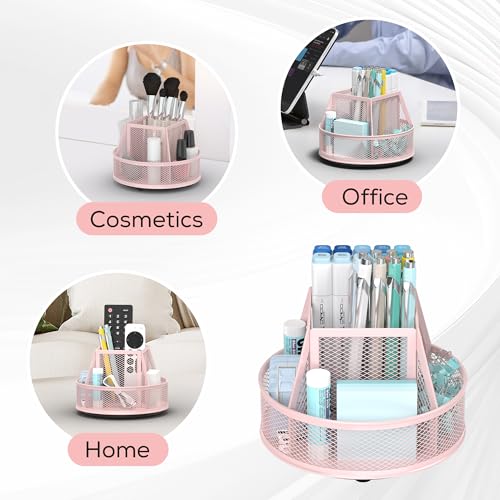 YINGHUA Metal Mesh Desk Organizer with 5 Compartments and Rotating Pencil Holder Pen and Stationery Organizer for Office Home School Anti Slip Base Pink - color: Pink