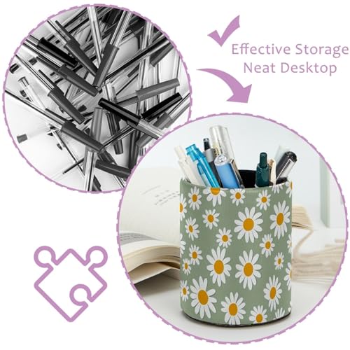 Light Green and Daisy Pen Holder Pencil Organizer for Desk, 3.1” x 3.1” x 3.9” Pencil Cup Office Supplies, Large Capacity Cute Pen and Makeup Brush Holder for Home, School, Desktop - color: Light Green and Daisy