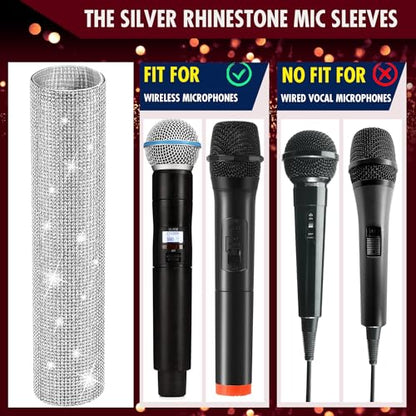 MIC NOT INCLUDED, Facmogu Silver Mic Handle Cover, Rhinestones Mic Handle Sleeve for Party & TV Show, Microphone Cover Sleeve with Sparkly Bling Rhinestones Fit for Most Universal Wireless Microphones - color: Silver