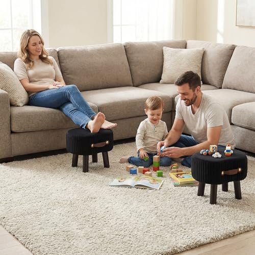 Foot Stools Ottoman with Handle Small Foot Stool Footrest Ottomon | Velvet Footstool Ottoman with Padded Seat, Curved Foot Rest Stool with Wooden Legs for Living Room, Entrywa（Black） - color: Black