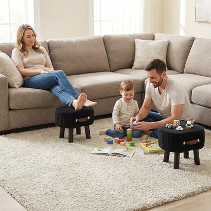 Foot Stools Ottoman with Handle Small Foot Stool Footrest Ottomon | Velvet Footstool Ottoman with Padded Seat, Curved Foot Rest Stool with Wooden Legs for Living Room, Entrywa（Black） - color: Black
