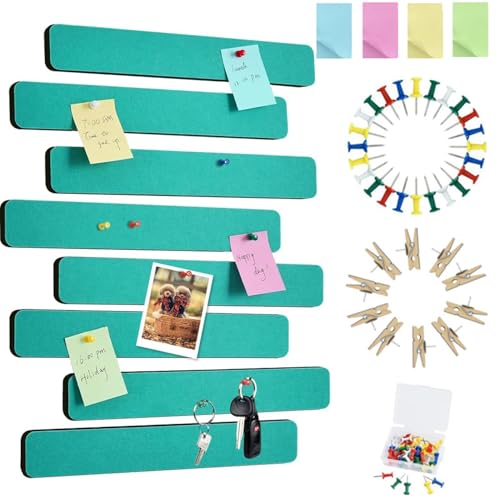 Vuzvuv 8 pcs Bulletin Board Bar Strips with 50 Pushpins & 10 Wooden Clip pins，Self Adhesive Cork Board for Wall，Felt Pin Board for School，Office Decor(Turquoise) - color: Turquoise