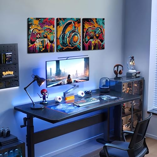 3Pcs Cool Gaming Wall Art Set, Retro Video Game Neon Gamepad Watercolor Canvas Prints for Boys Room, Teen Gaming Pictures Wall Decor, Gamer Painting Art for Kids Bedroom 16x24 inch Framed - color: Graffiti-style Game Canvas, size: Canvas 16x24 inch
