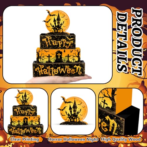 Britimes 4 Pcs Halloween Decorations for Home Wooden Tiered Tray Decorations Set Full Moon Happy Halloween Table Decor Farmhouse Rustic Tabletop Decor for Table & Home Office - style: Haunted House
