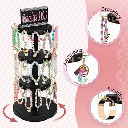 Pinzoveco Bracelet Holder, 3 Tier Wooden Rotating Bracelet Display Stand, Tree Stand Vendor Booth Display with Adversitsing Board, 36 Hooks for Bracelet, KeyChain Display Stands for Selling, Black (Patent Pending) - color: Weathered Black