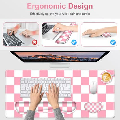 Pastel Pink White Checker Mouse Pad Set, 4 in1 Ergonomics Keyboard Desk Mat with Memory Foam Wrist Rest, Extended Game Mousepad, Non-Slip Large Gaming Desk Pad Matt Easy Typing Pain Relief - color: Pastel Pink White Checker