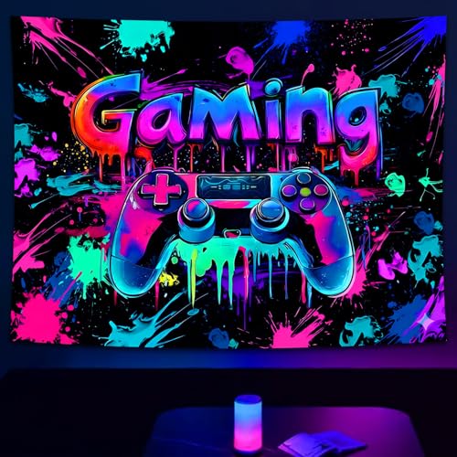 SparkLia Blacklight Gaming Tapestry, UV Reactive Cool Neon Game Controller Wall Hanging, Colorful Graffiti Video Game Wall Tapestries for Teen Dorm Living Room - 51" x 59" - color: Gaming Graffiti, size: 59"L x 51"W