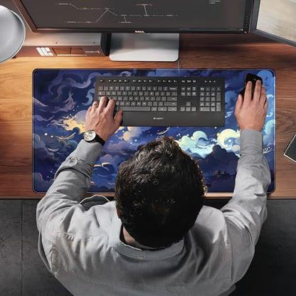 Blue Clouds Desk Mat Large XXL Gaming Mouse Pad Non-Slip Rubber Base Mousepad, Cool Office Desktop Decor Desk Pad, Computer Laptop Keyboard and Mouse Mat with Stitched Edges, 31.5x15.75 in - color: Blue Clouds