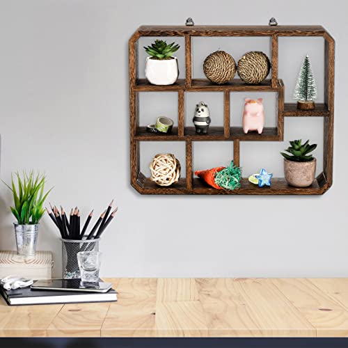 Frcctre Rustic Shadow Box Display Shelf, 9 Compartments Wood Hanging Display Floating Shelves, Multi-Slot Wall Mounted or Freestanding Farmhouse Decor Displays Case