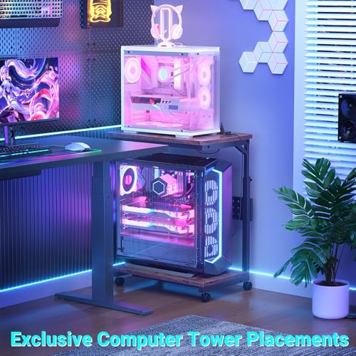 Besiost Computer Tower Stand with Power Strips, 4 Levels Manual Height Adjustable PC Tower Stand for Under Desk, Mobile Rolling CPU Holder, Computer Cart with Wheels, 24", Rustic Brown