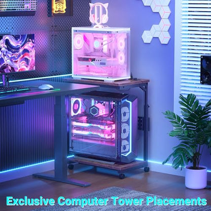 Besiost Computer Tower Stand with Power Strips, 4 Levels Manual Height Adjustable PC Tower Stand for Under Desk, Mobile Rolling CPU Holder, Computer Cart with Wheels, 24", Rustic Brown