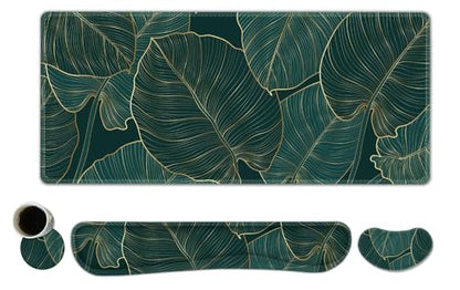 ToLuLu Extended Gaming Mouse Pad, Memory Foam Ergonomic Keyboard Mouse Wrist Rest Support Set, Large Desk Mat with Stitched Edges, Non-Slip Base Mousepad for Home Office Game, Green Golden Leaves - color: Green Golden Leaves