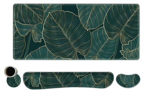 ToLuLu Extended Gaming Mouse Pad, Memory Foam Ergonomic Keyboard Mouse Wrist Rest Support Set, Large Desk Mat with Stitched Edges, Non-Slip Base Mousepad for Home Office Game, Green Golden Leaves - color: Green Golden Leaves