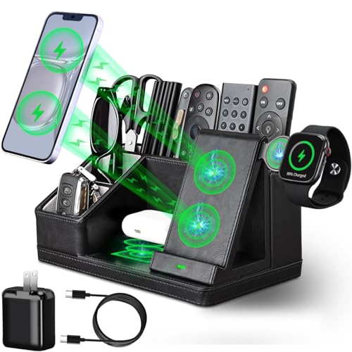LADSTAG Black Leather Desk Organizer With Charging Station,Office Supplies Desk Accessories,Pen Holder for Desk,Remote Control Holder,Desk Organizer With Phone Charger,Nightstand Desktop Organizer - color: black